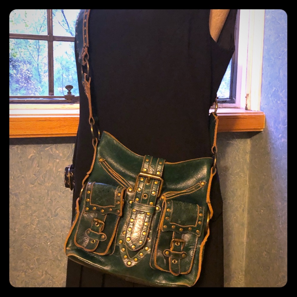 Betsy Johnson dark green leather crossbody bag.